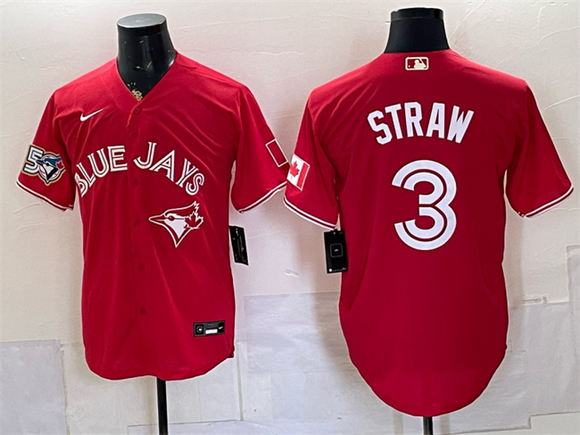 Men's Toronto Blue Jays #3 Myles Straw Red 50 Seasons Patch Stitched Baseball Jersey